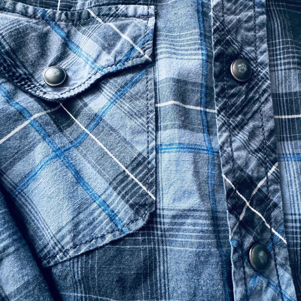 American Eagle Vintage Fit Plaid Pearl Snap Western Shirt Men's Size Medium Blue - Picture 6 of 9
